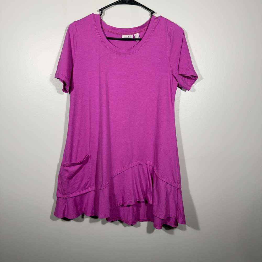 LOGO Magenta Pink Tunic Top Short Sleeve Pocket‎ Asymetrical Ruffle Blouse S